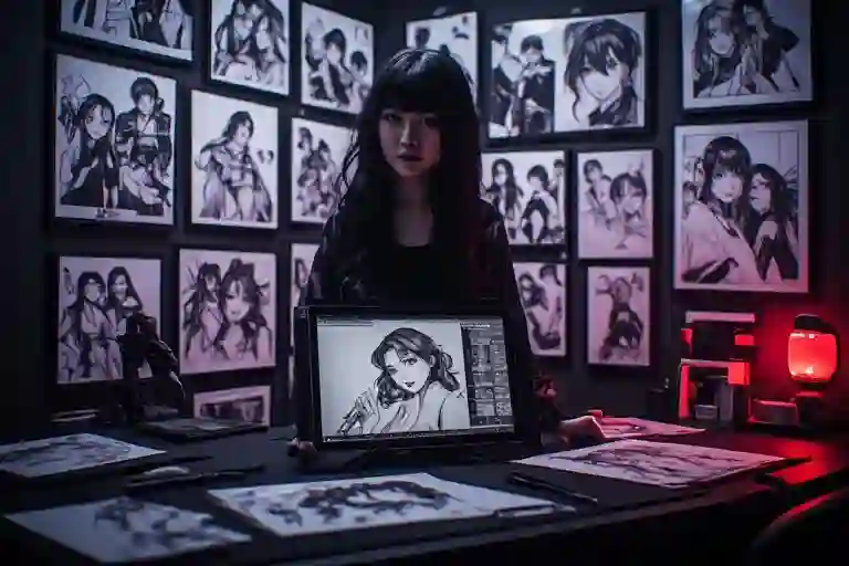 Adult digital manga creator presenting original comic artwork in a dark studio