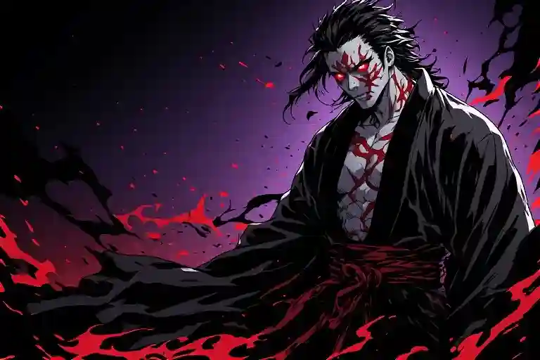Dark adult manga-inspired curse king in black robes surrounded by red energy