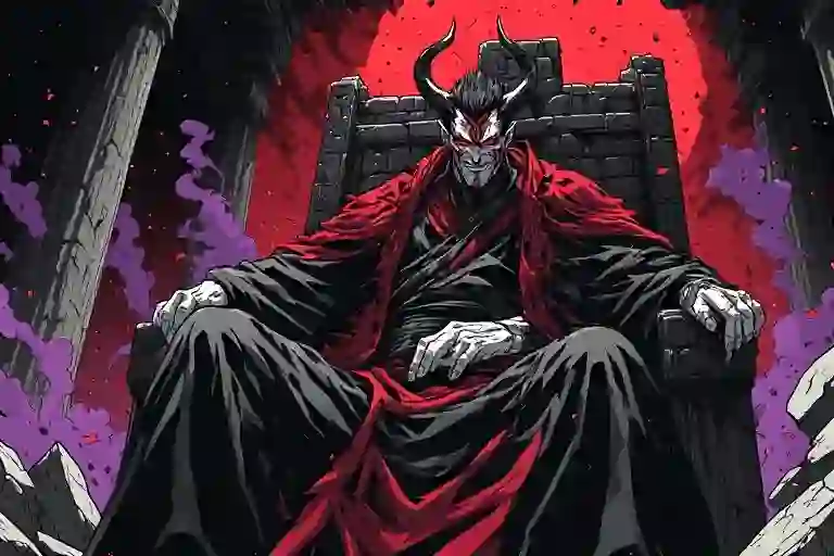 Original dark manga demon king seated on a stone throne beneath a red moon