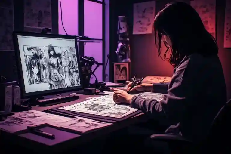 Adult manga artist drawing black and white comic panels in a purple-lit studio