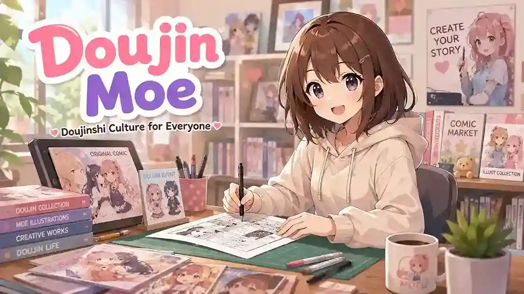 Doujin Moe anime database homepage interface showing search bar and tag navigation