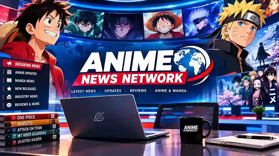 Anime News Network guide: laptop showing anime news headlines and a global fan community