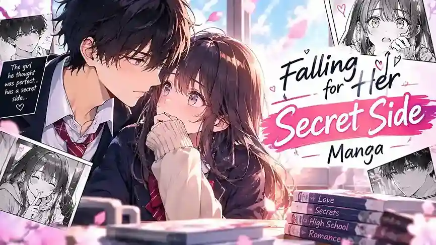 Falling For Her Secret Side manga cover art showing the female lead with a fierce expression holding a cute plush toy while the male lead smiles in the background.