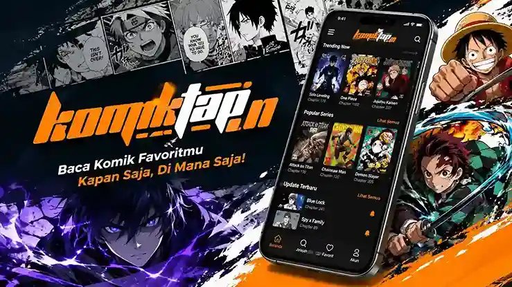 Smartphone screen showing a vertical komik tap comic panel with a finger tapping to advance the story