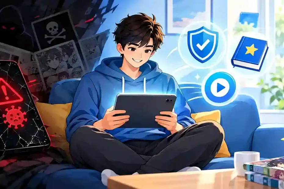 Mangaread guide: person reading manga on tablet with legal platform icons
