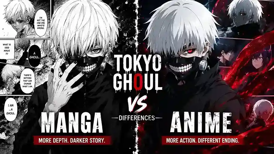 Split-screen comparison of Kaneki Ken's half-kakuja transformation in the Tokyo Ghoul manga by Sui Ishida versus the anime adaptation, highlighting key visual and tonal differences.