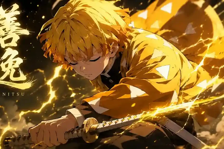 Zenitsu Agatsuma in his sleeping battle state unleashing Thunder Breathing with lightning effects around his sword.