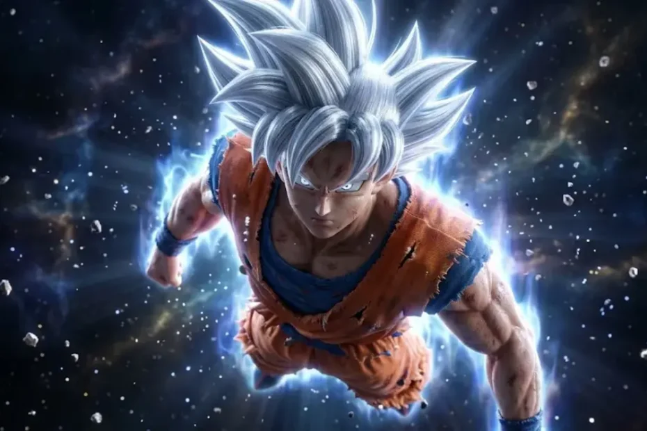 Goku in Mastered Ultra Instinct silver hair form powering up with divine aura during the Tournament of Power