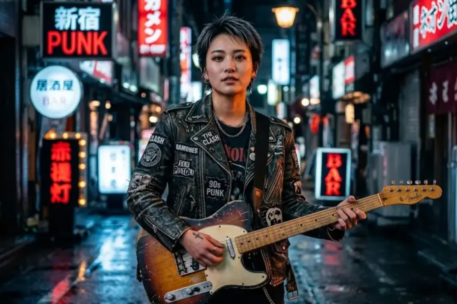shouji ramone punk rock artist portrait with guitar under neon Tokyo lights