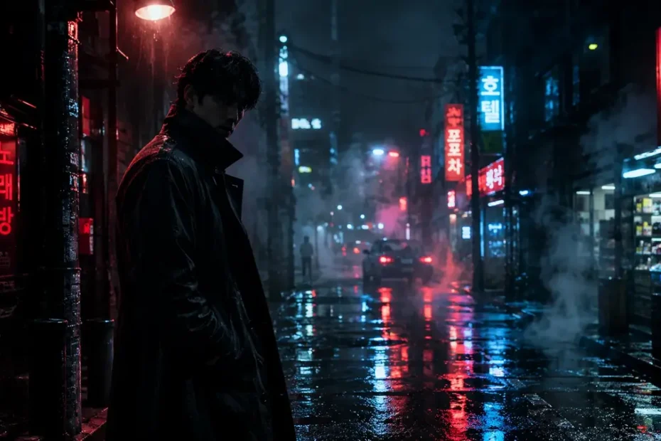 Junes Noir manhwa dark alley scene showing the main character standing under neon lights in a rain-soaked city street