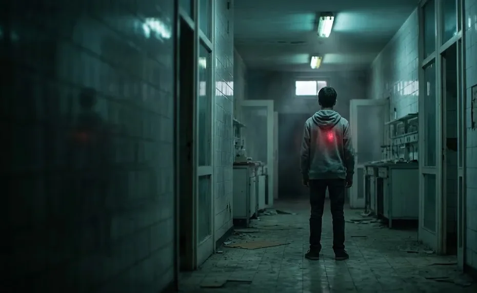 Resurrection Boy manhwa concept art: a boy stands in a dark laboratory corridor with a faint red glow