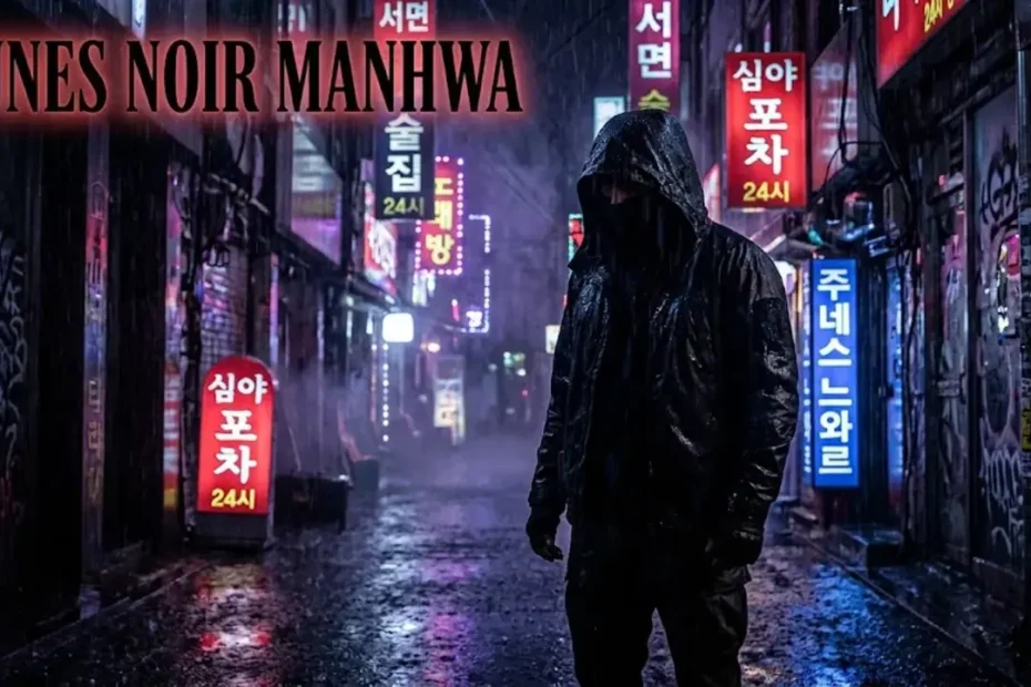 Junes noir manhwa featured cover showing a hooded figure in a neon-lit rainy Seoul alley