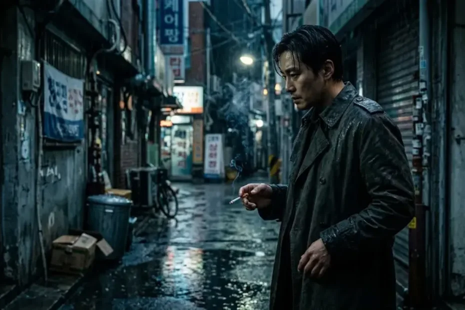 Atmospheric dark detective scene representing the Junes Noir manhwa Korean thriller webtoon