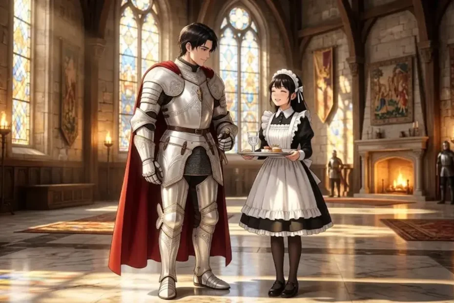 shinjuu kishi-sama no senzoku maid featuring the pearl knight and his exclusive maid in a grand castle hall