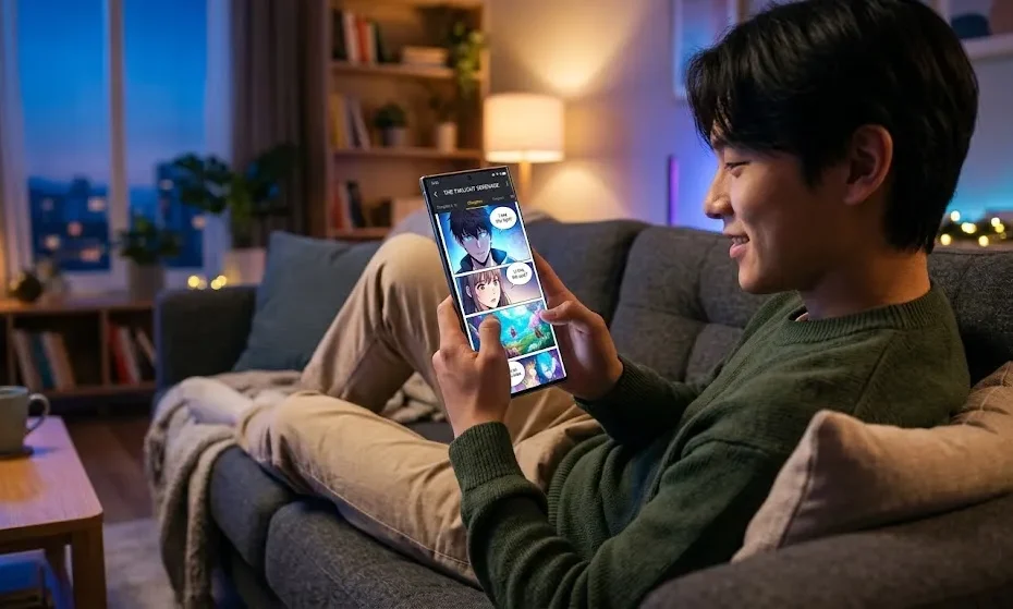 A reader enjoying digital manhwa chapters on the HotComics mobile app interface.