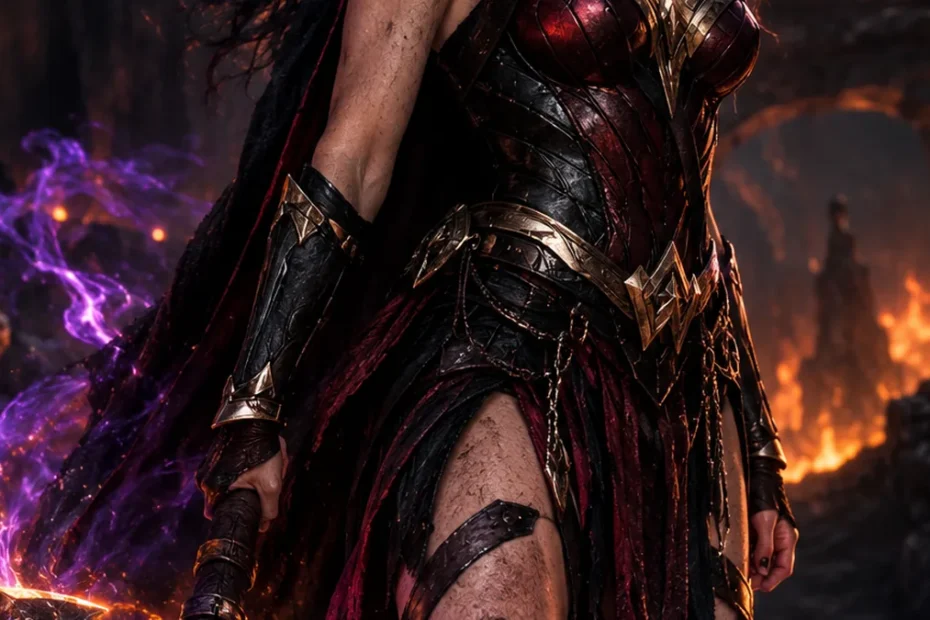 Absolute Wonder Woman in dark underworld armor holding a glowing battle axe surrounded by magical energy