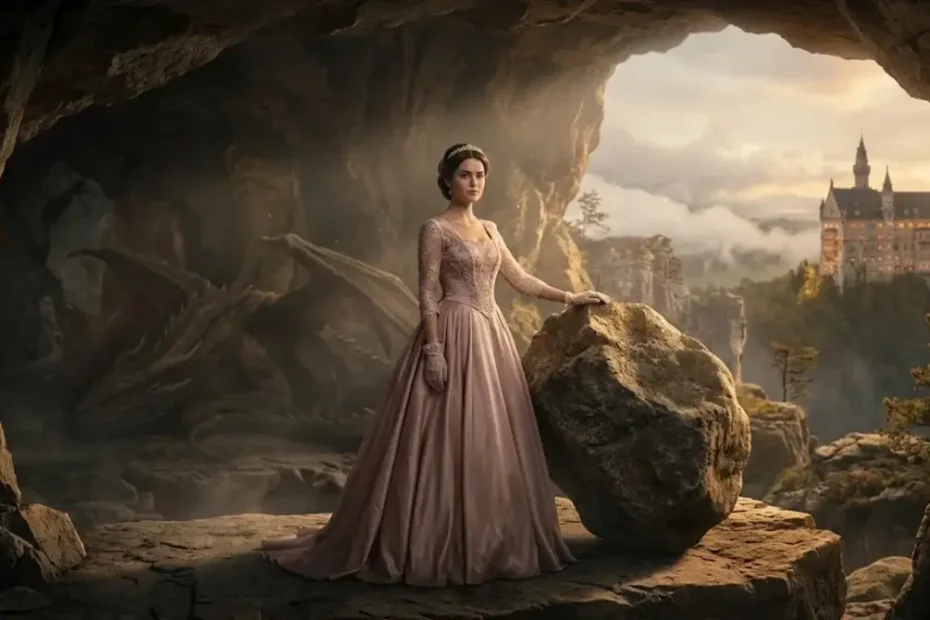 The strong lady wishes to become delicate: a noblewoman in a ballgown beside a dragon’s cave