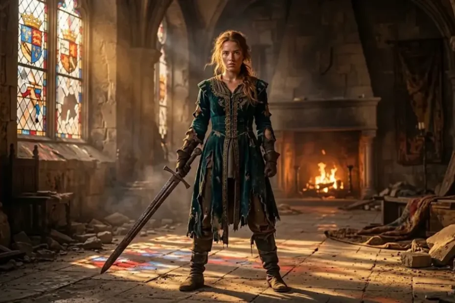 The Abandoned Princess Rebels standing defiant in a ruined castle hall.
