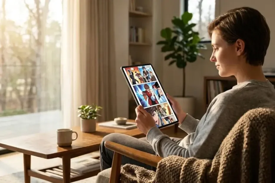 A reader enjoying colorful digital webtoon comic stories on a tablet using heytoon.