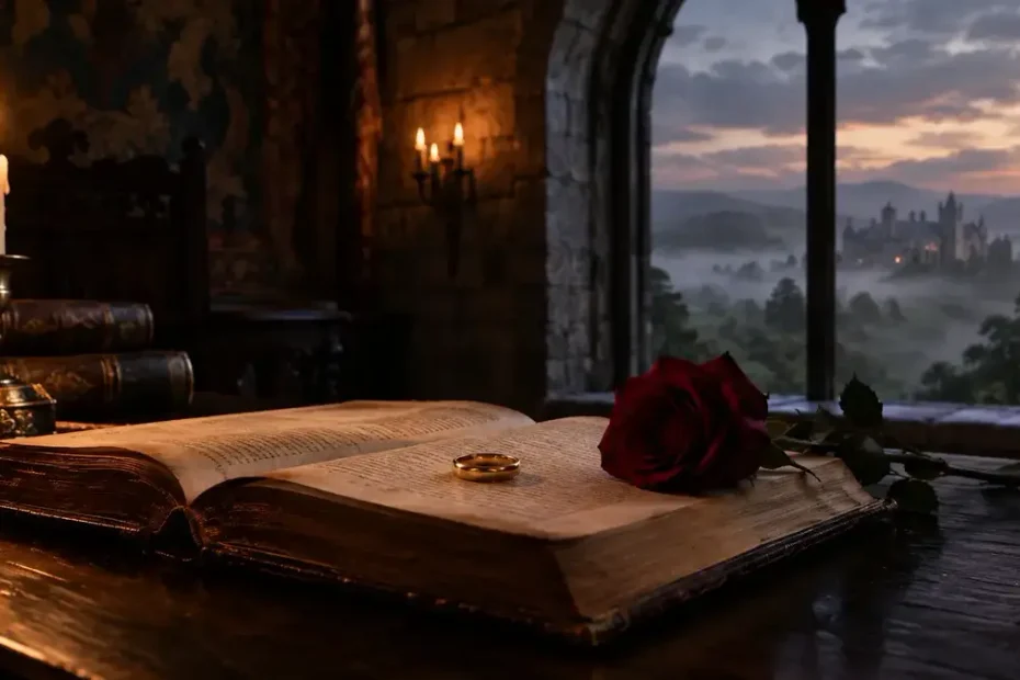 I think I married the wrong guy manhwa featured image: antique novel, wedding ring and red rose in a candlelit manor