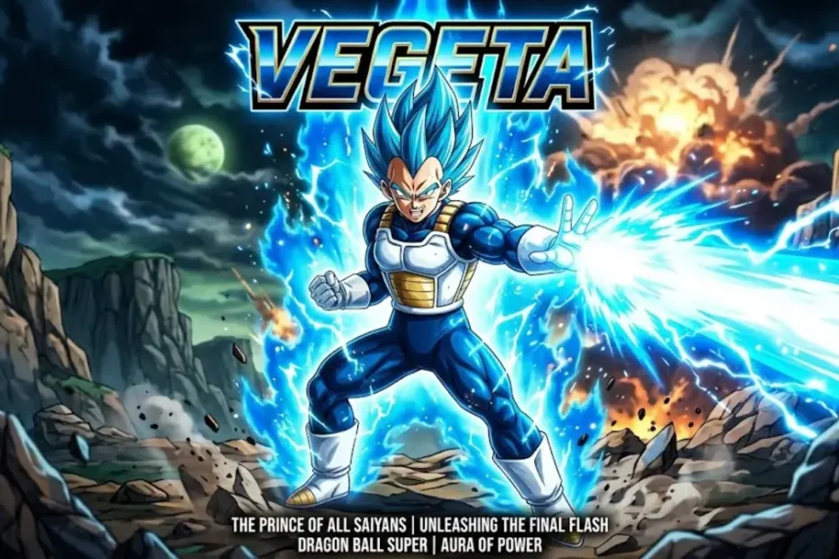 Vegeta in Super Saiyan form wearing blue Saiyan battle armor with golden aura on a cracked battlefield