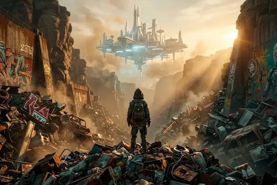 Kigachiakuta explained: floating city above a giant junkyard pit covered in graffiti